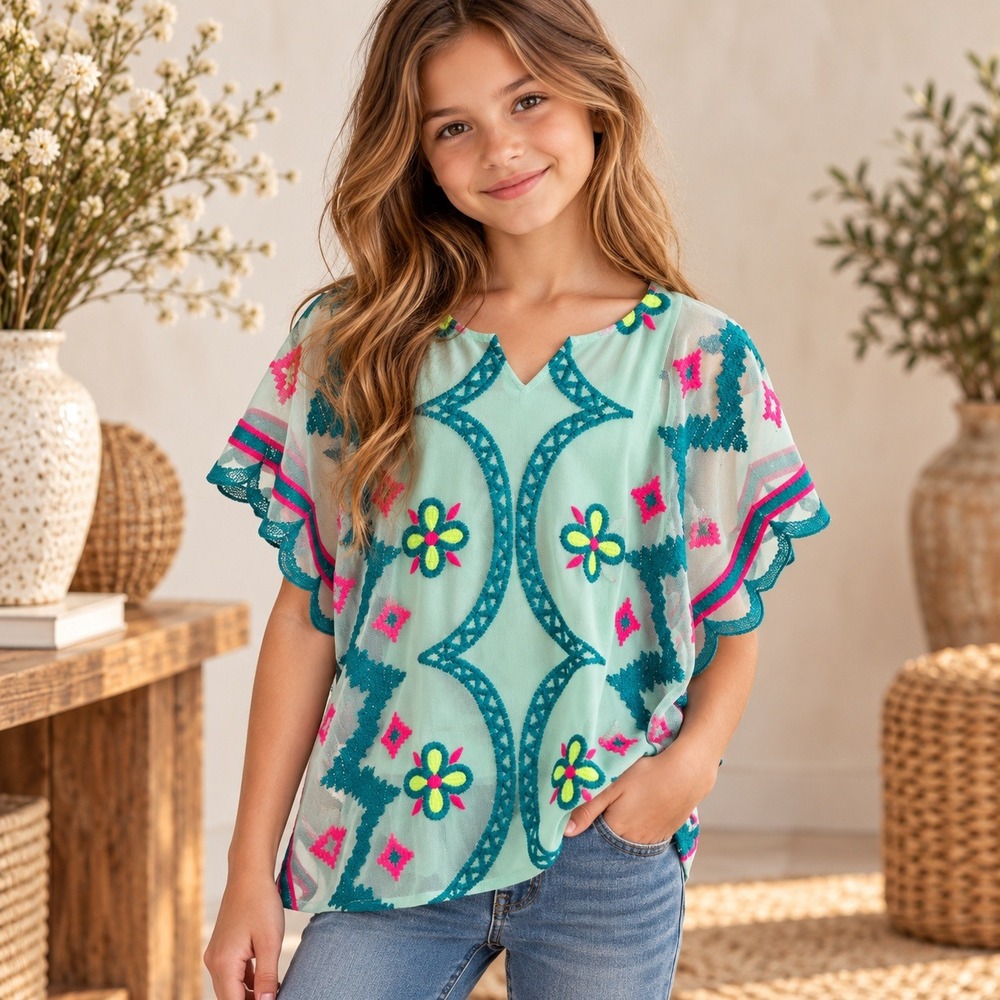 Cat & Jack Girls Mint Green Embroidered Mesh Poncho Top Neon Floral Size 7/8